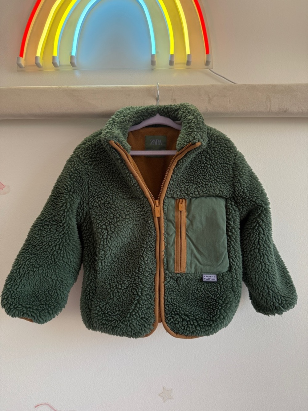 Zara Kids Dark Green Sherpa Jacket with Brown Trim